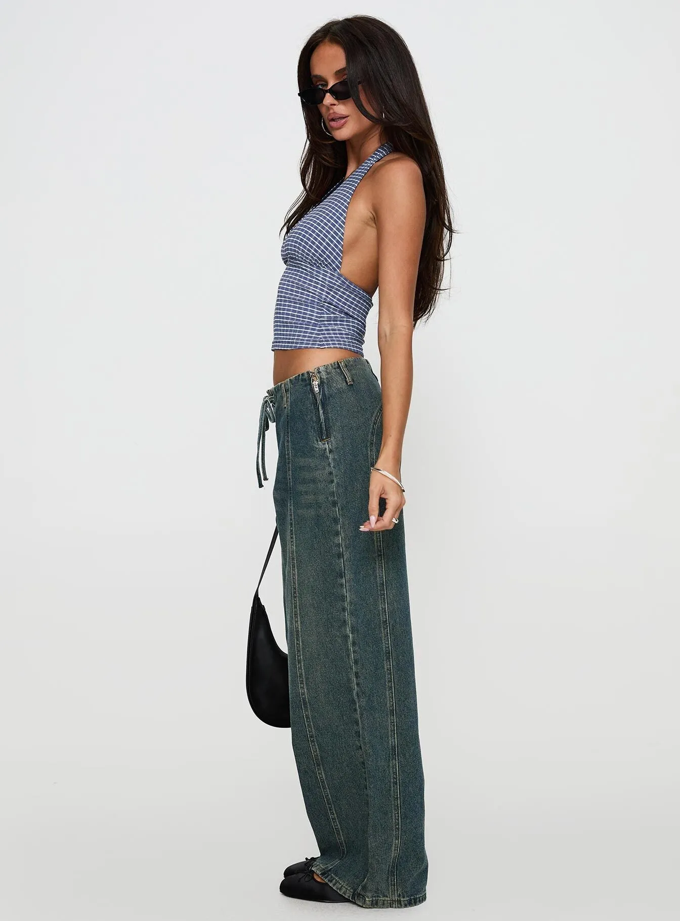 San Mateo Low Rise Wide Leg Tie Up Jeans Vintage Wash Durable Fabric