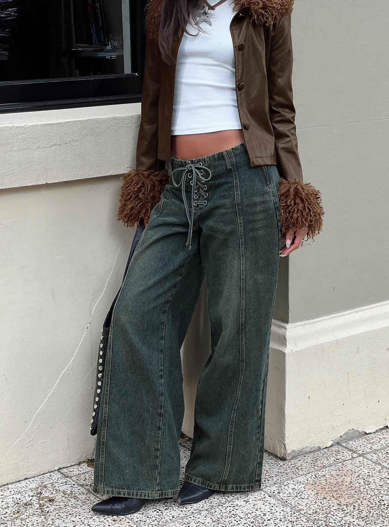 Premium Professional Wear Unisex Wear Chill Fit San Mateo Low Rise Wide Leg Tie Up Jeans Vintage Wash