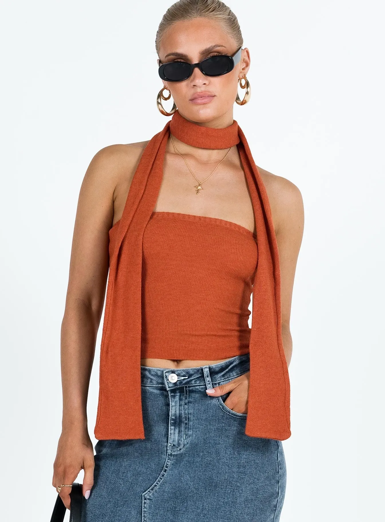 Styles Two Piece Top Orange NoRoll Hem Technology Compact Weave Fabric