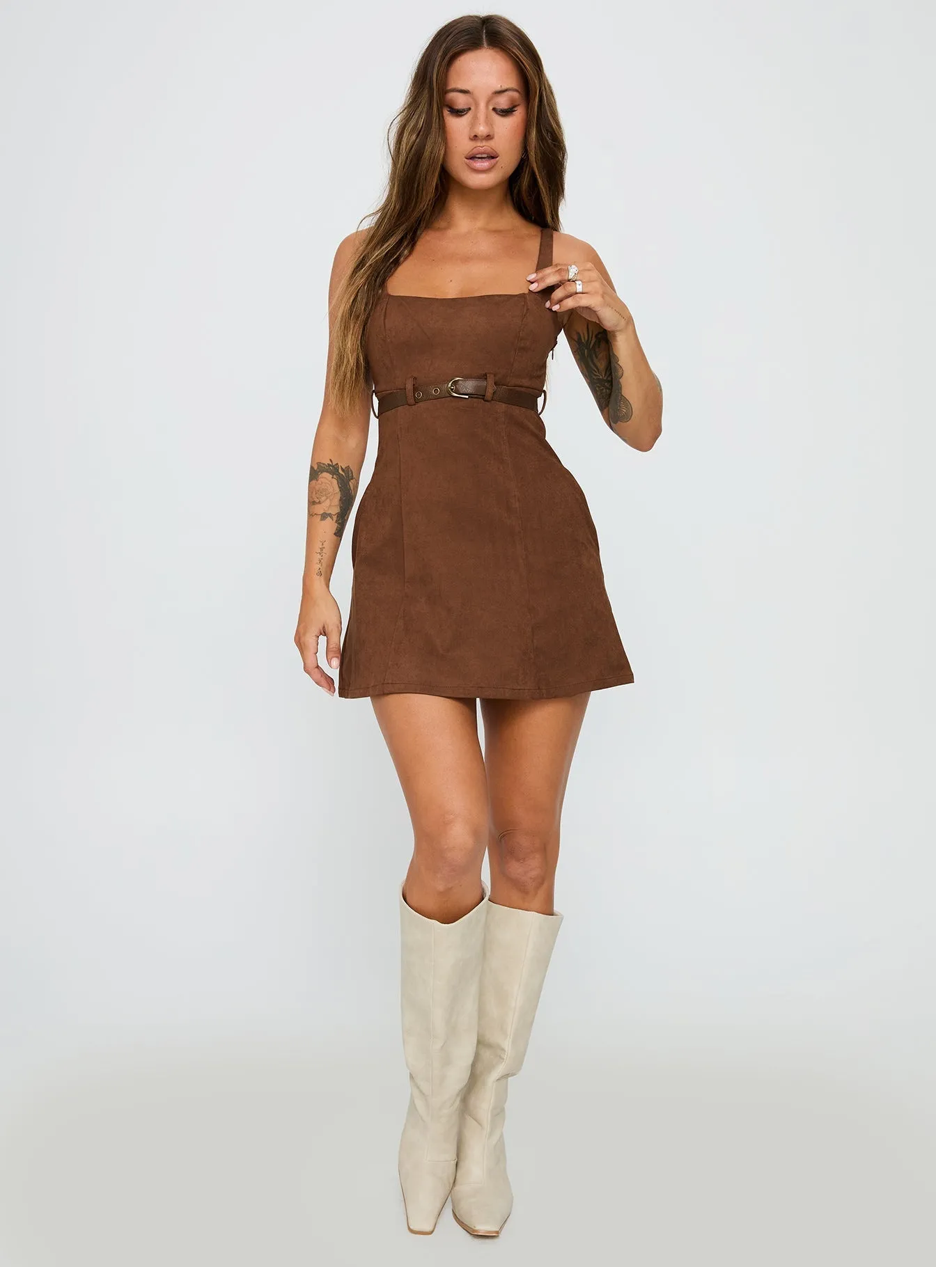 Way Back In Faux Suede Mini Dress Brown Tall Cut Urban Mode