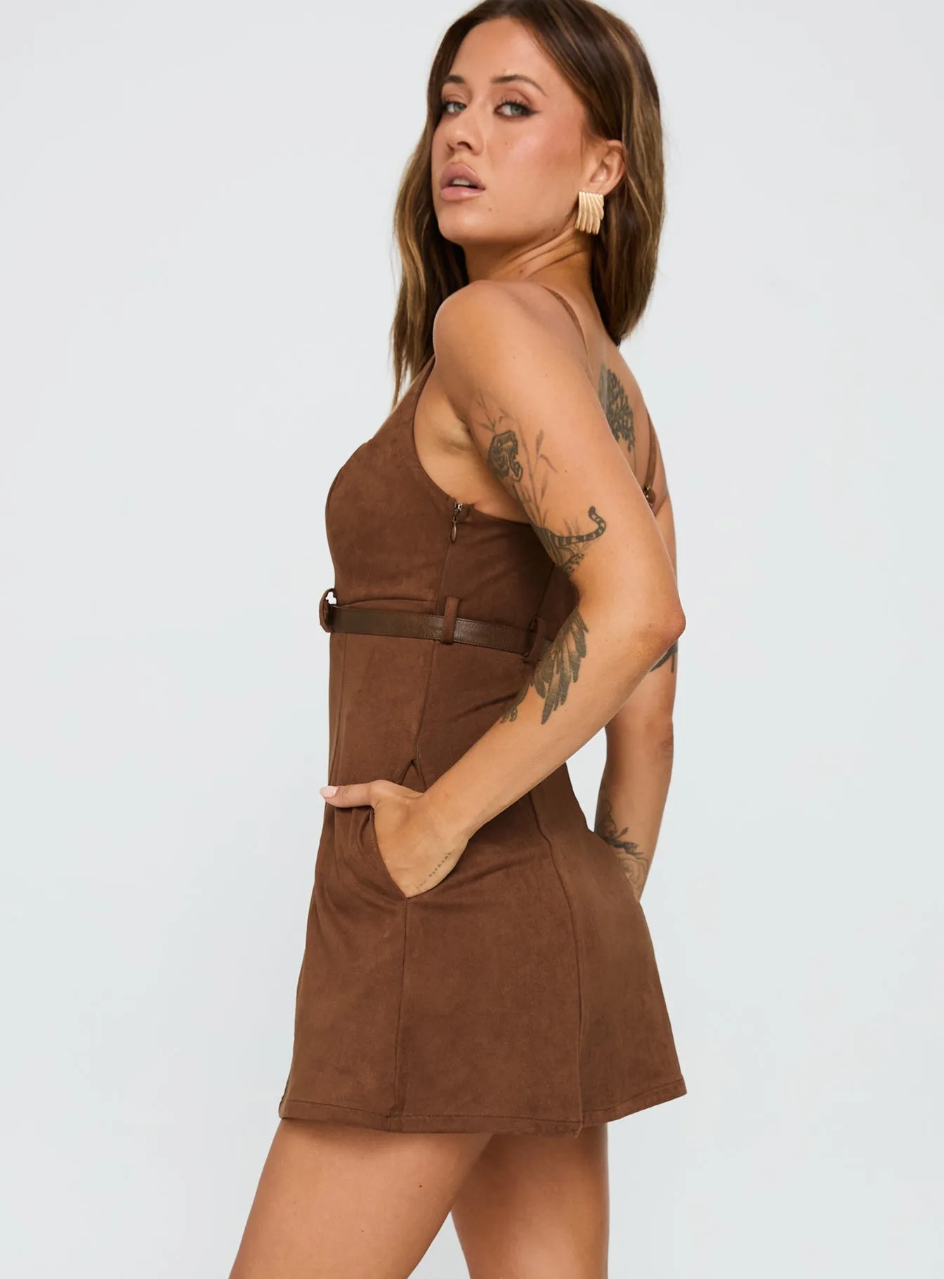 Way Back In Faux Suede Mini Dress Brown Effortless chic mini Adjustable drawstring
