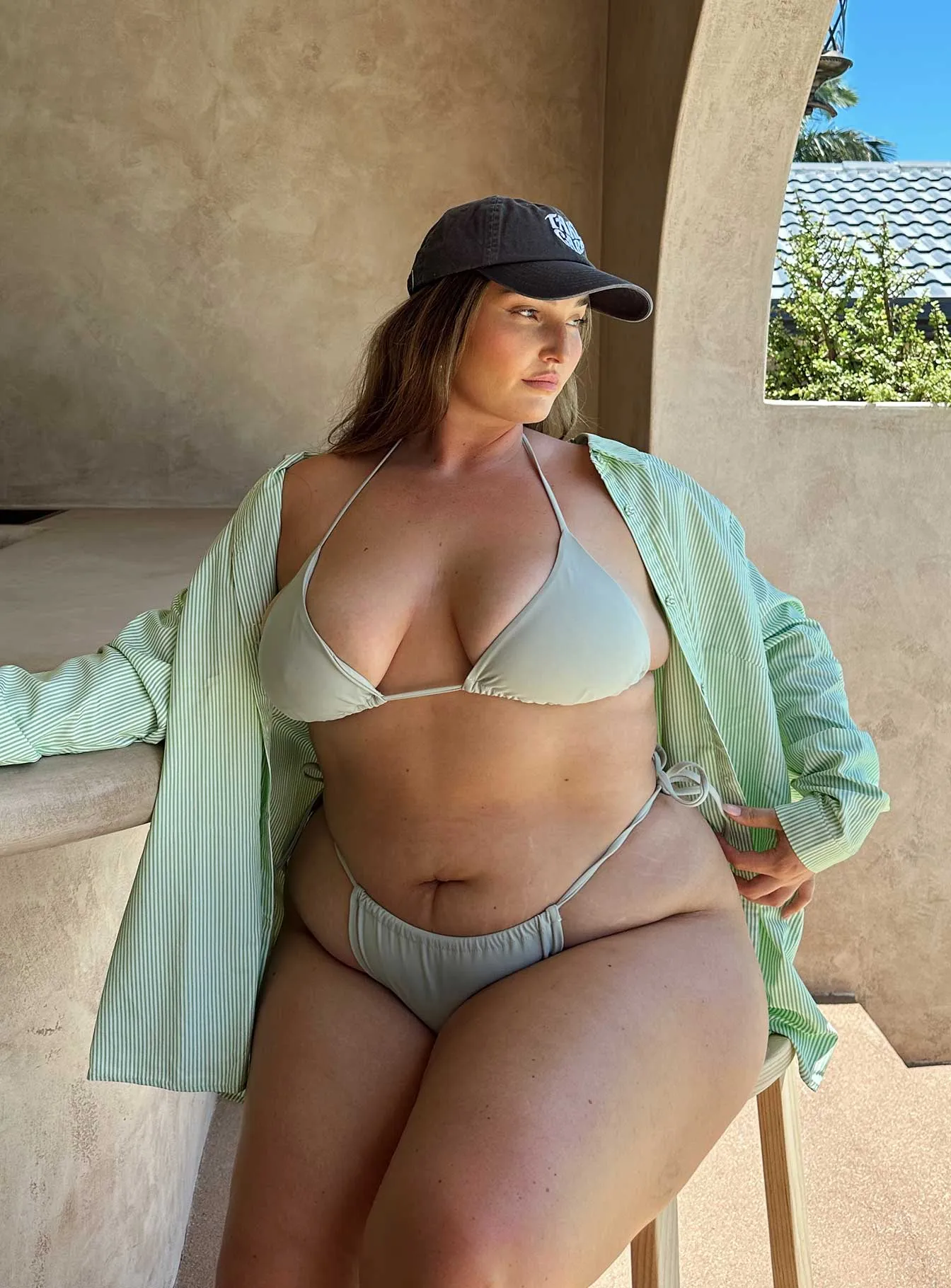 Recycled Material Cross Back Strap Design Jenner Bikini Bottom Sage Curve