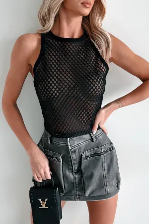 Layered Hem Expandable Boho Dreaming Lattice Mesh Crop Tank (Black)