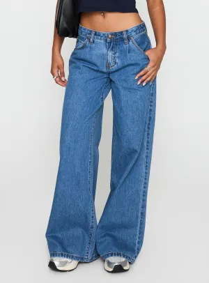 Four Way Stretch Fabric Supercut Low Rise Baggy Pleat Jeans Mid Blue