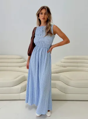 Fables Shirred Maxi Dress Blue Gingham Lavender Glow Harbor View