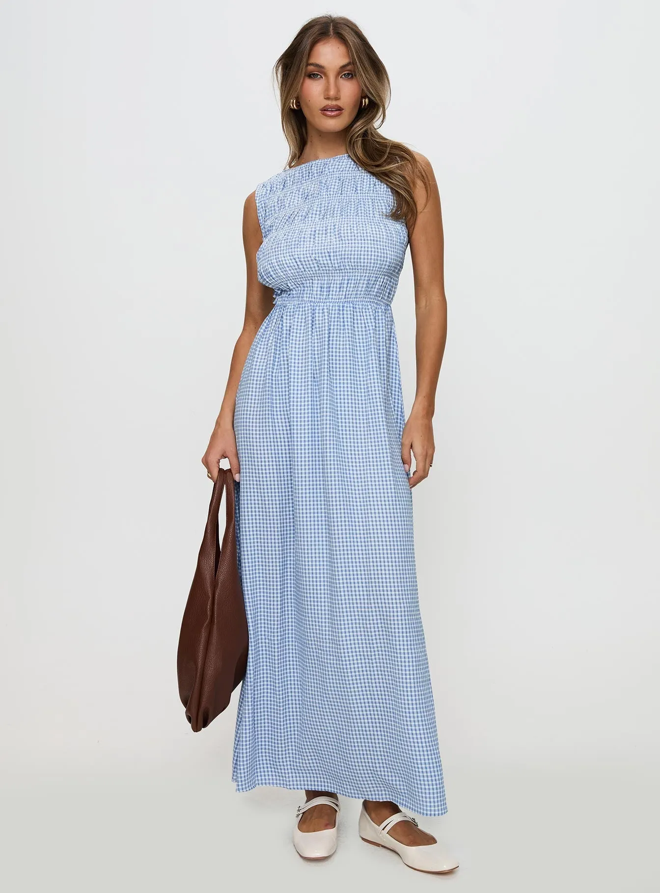 Muslin Soft Vibrant colored maxi Fables Shirred Maxi Dress Blue Gingham