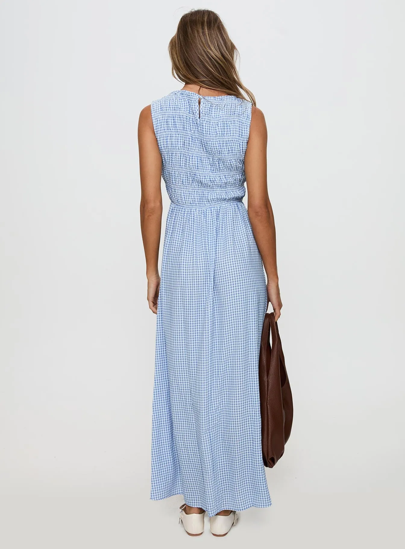 Fables Shirred Maxi Dress Blue Gingham Beach Walk