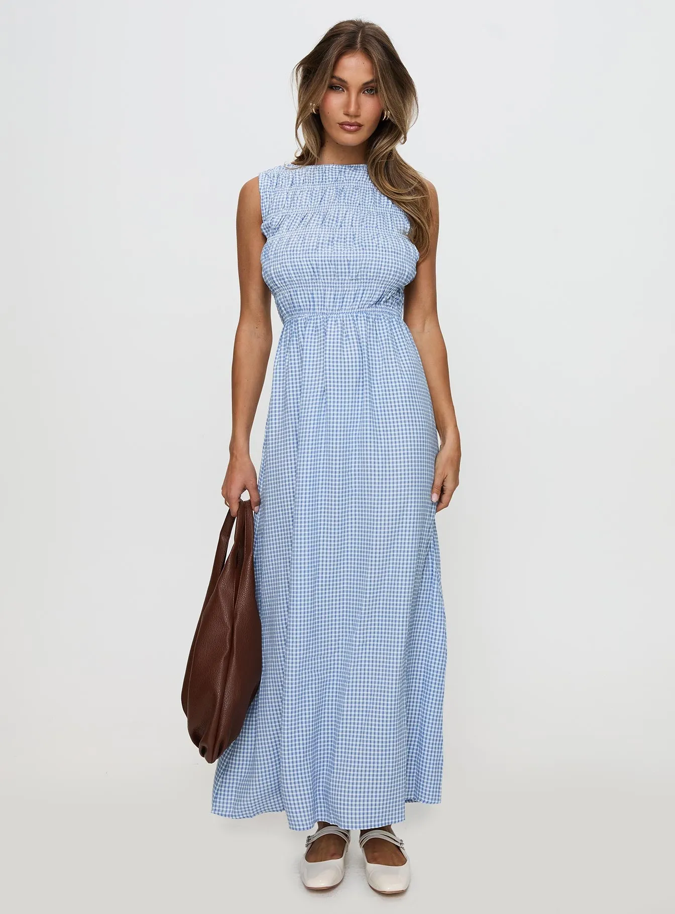 Fables Shirred Maxi Dress Blue Gingham Classic bohemian-inspired dress Gorgeous floor-length style