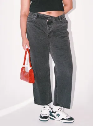 Holly Asymmetric Straight Leg Jean Black Denim Curve Sanded Seam Comfort