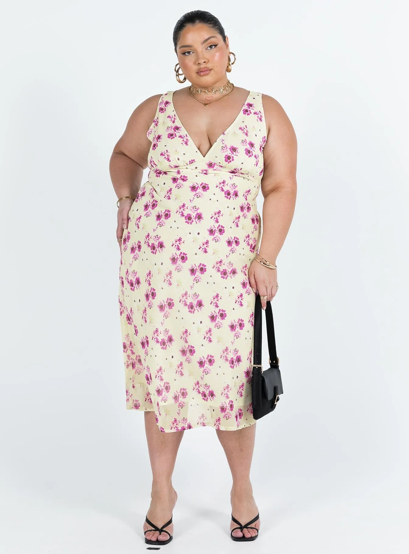 Linen Drapes Nellie Midi Dress Yellow Floral Curve