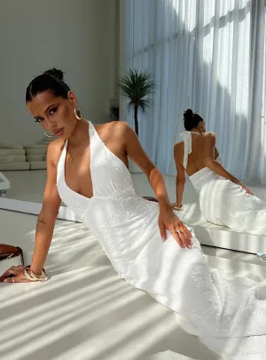 Sequin Glow Sea View Koral Maxi Dress White