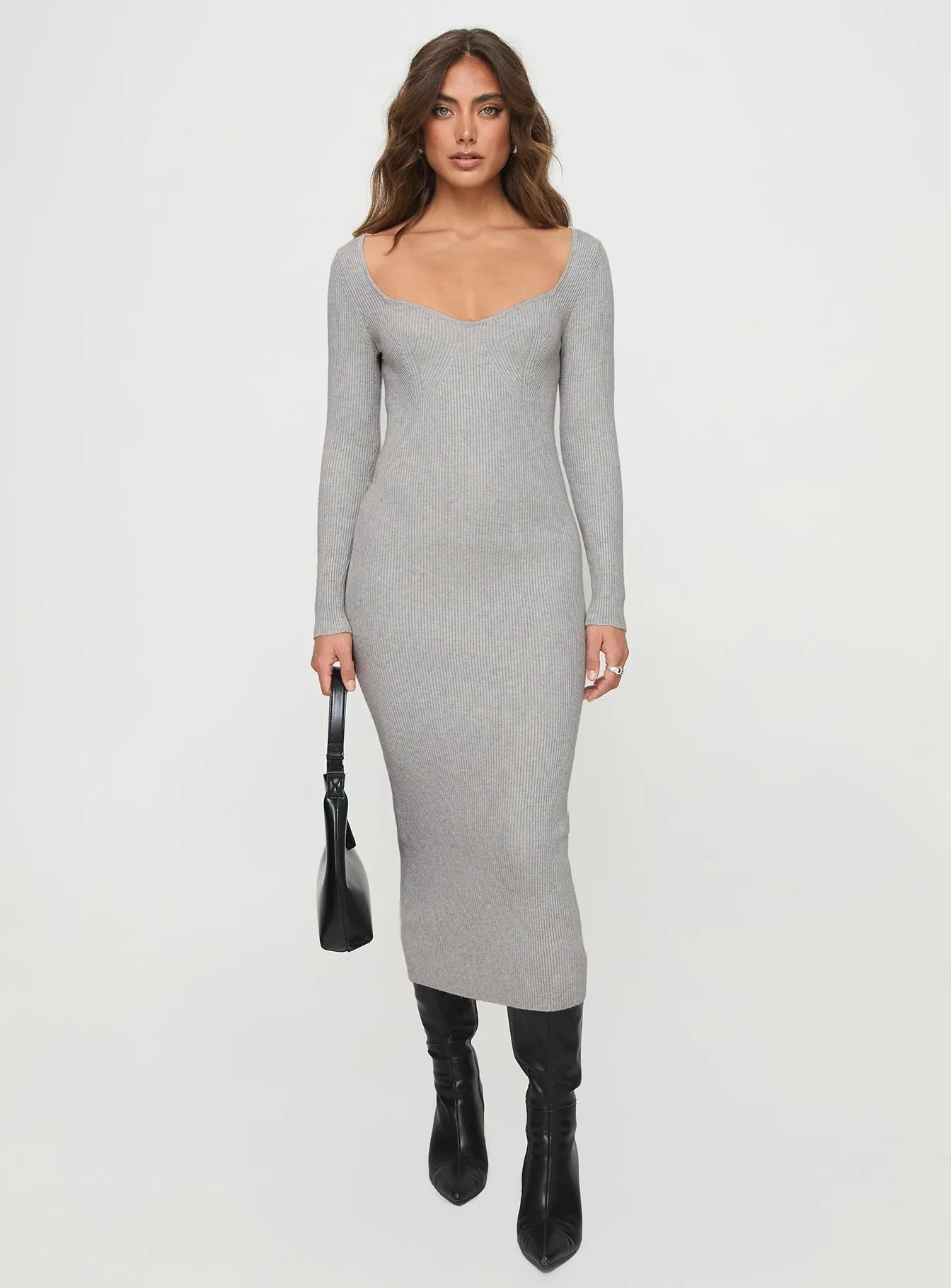 Kaseem Long Sleeve Maxi Dress Grey Burgundy Deep