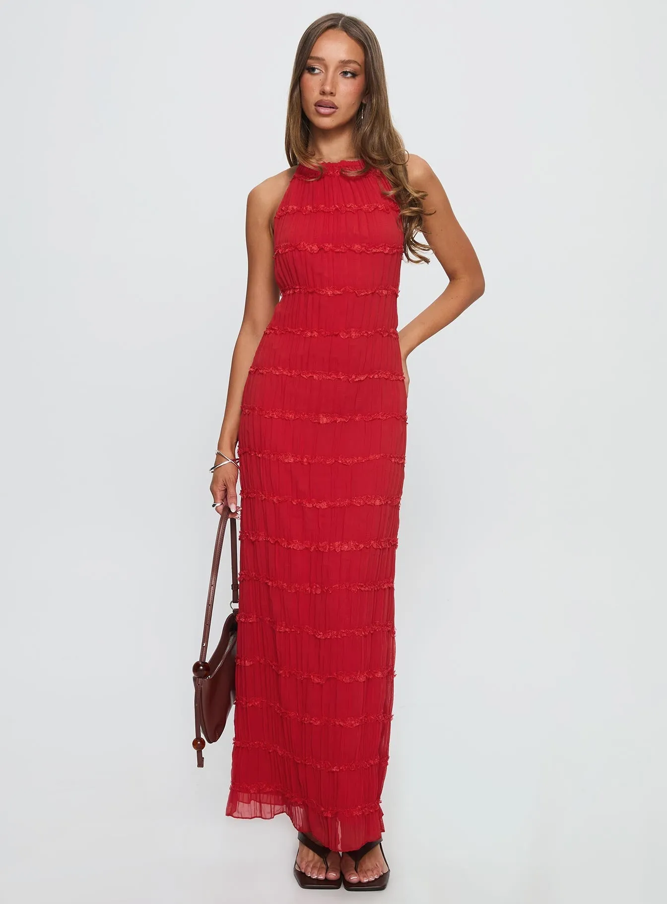Klarissa Halter Maxi Dress Red Pearl Glow