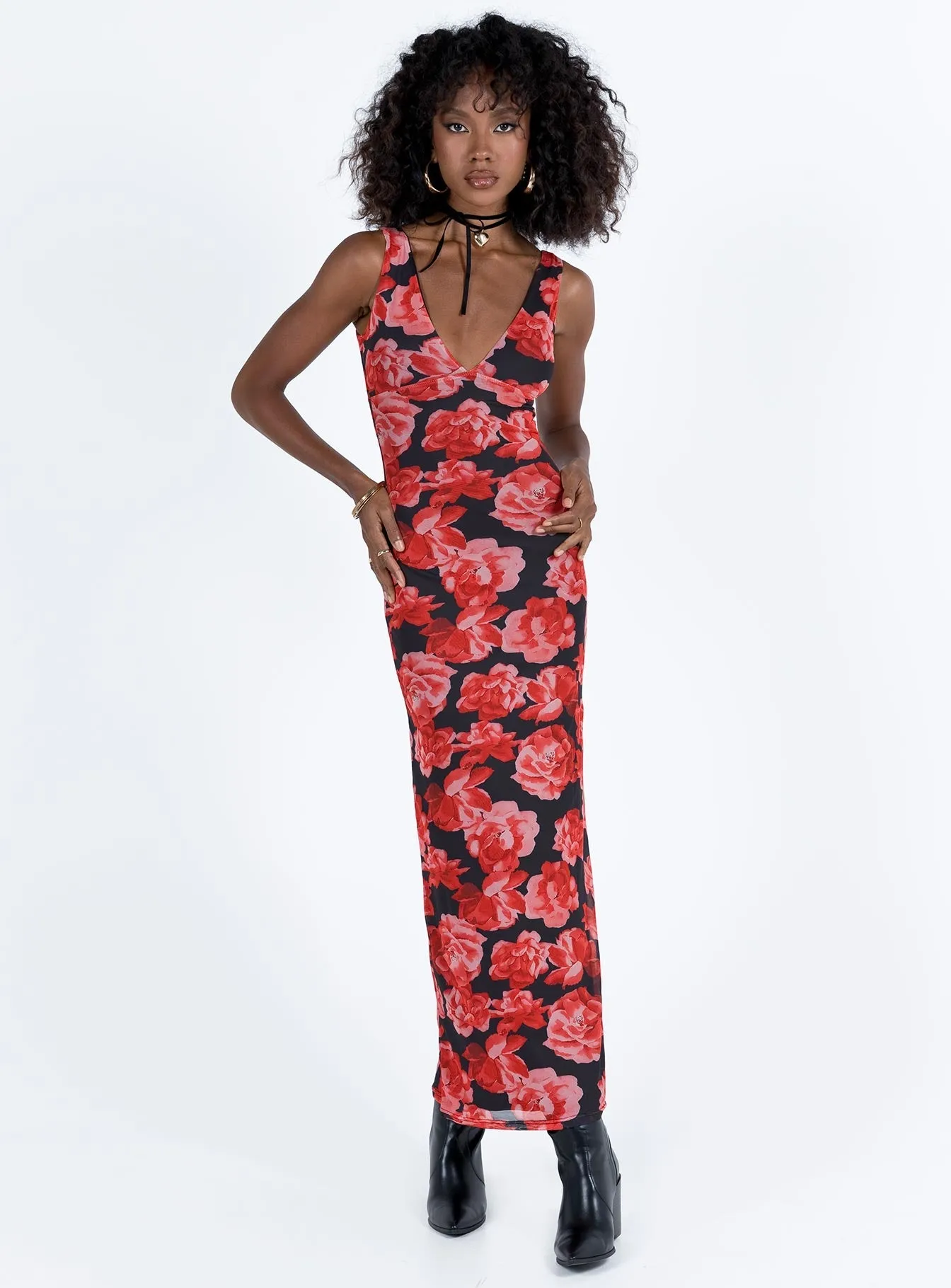 Short Sleeve Lauers Maxi Dress Red Floral / Black