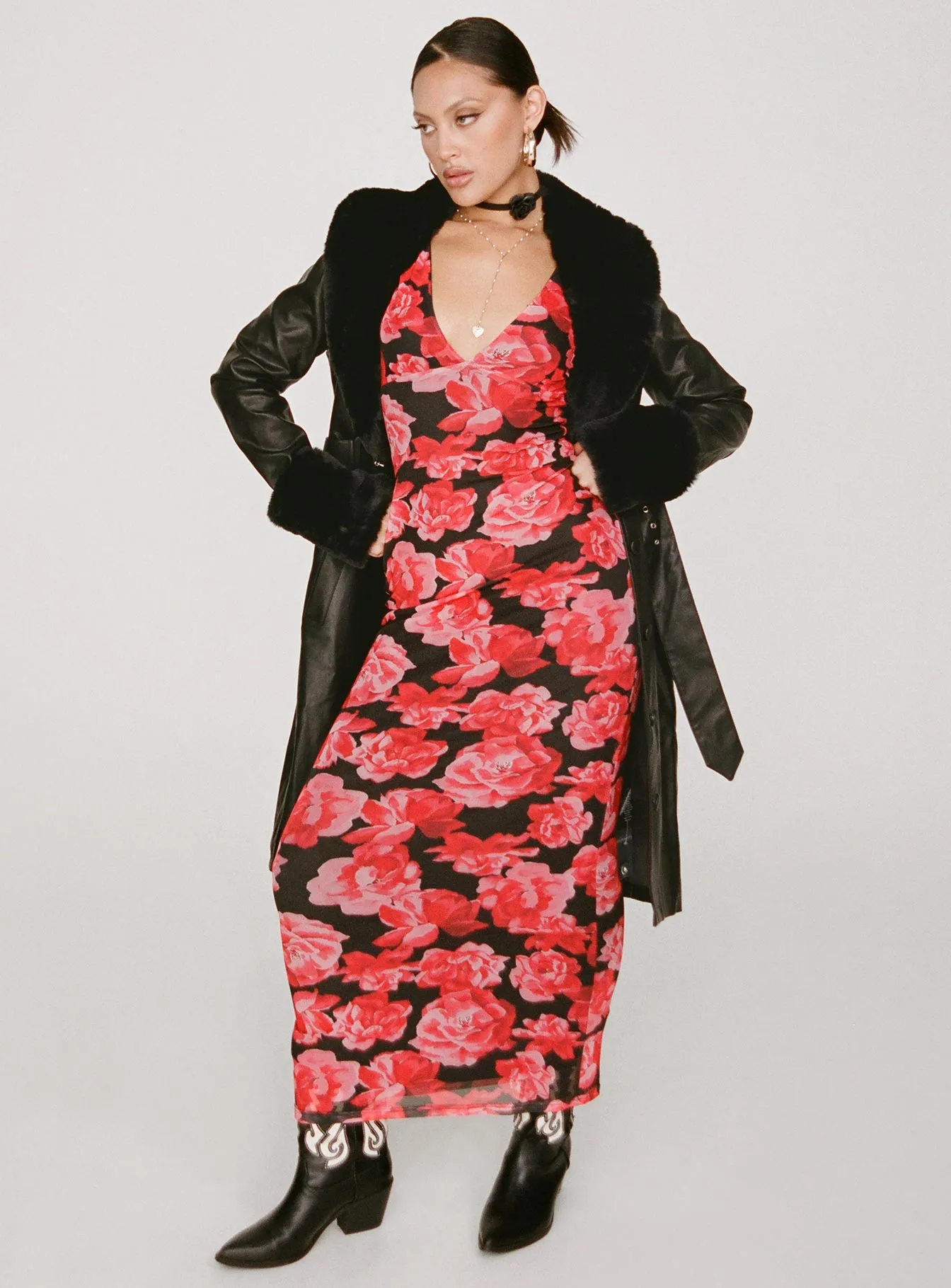 Classic sleeveless floor dress Mesh Touch Lauers Maxi Dress Red Floral / Black