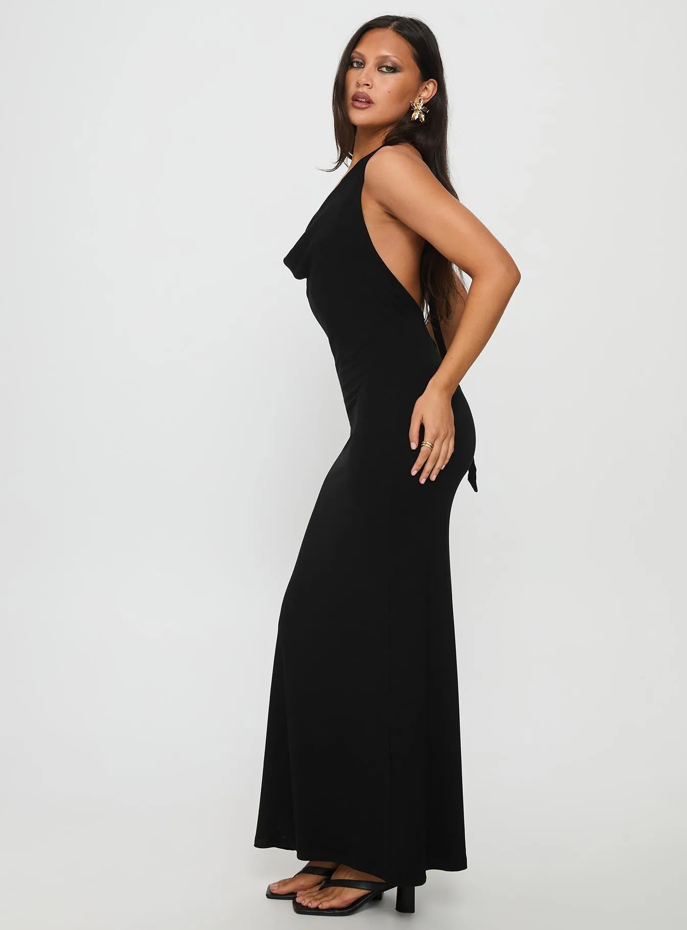 Bronze Tone Fold Art Diamonde Halter Scarf Maxi Dress Black