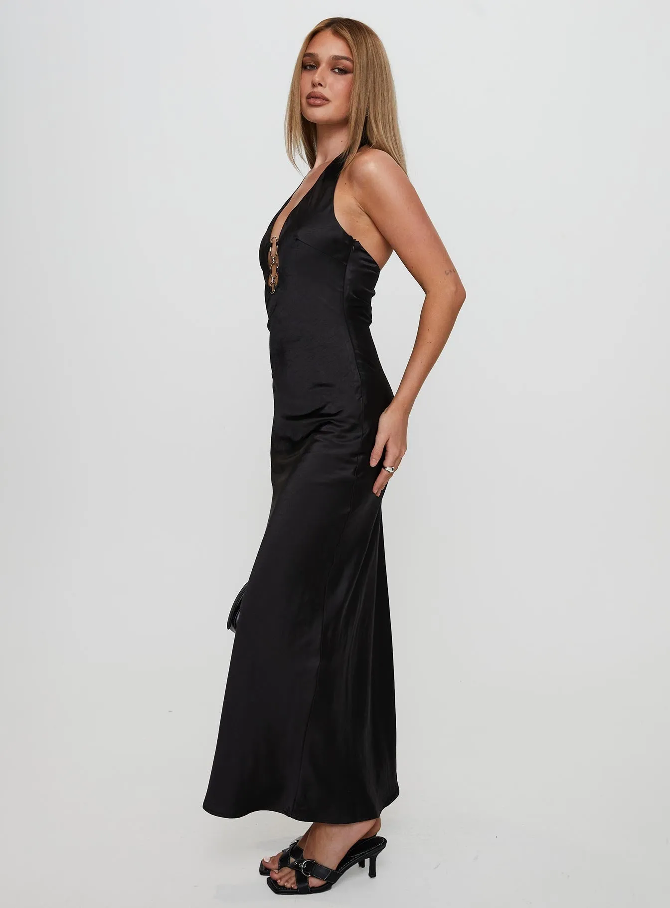 Flowing long gown Bronze Tone Vasilisa Halter Neck Maxi Dress Black