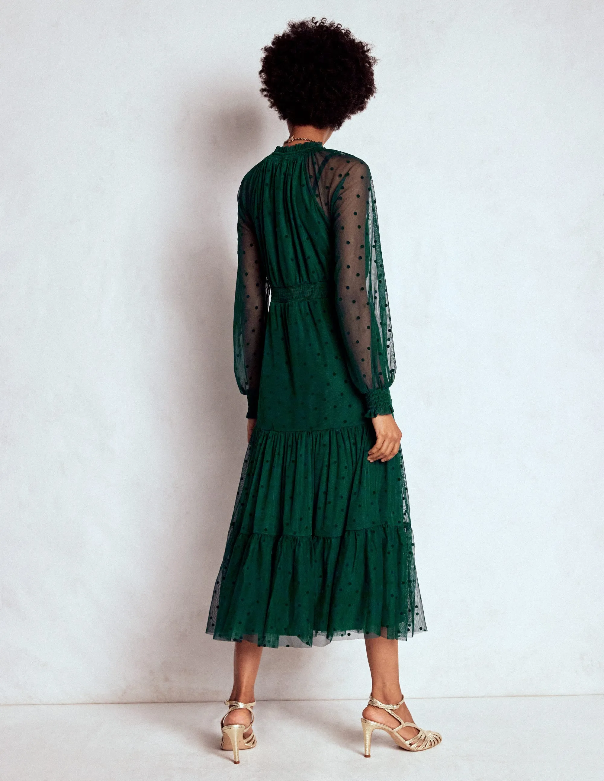 Shadow Play Bronze Tone Lucille Tulle Midi Dress-Emerald Night