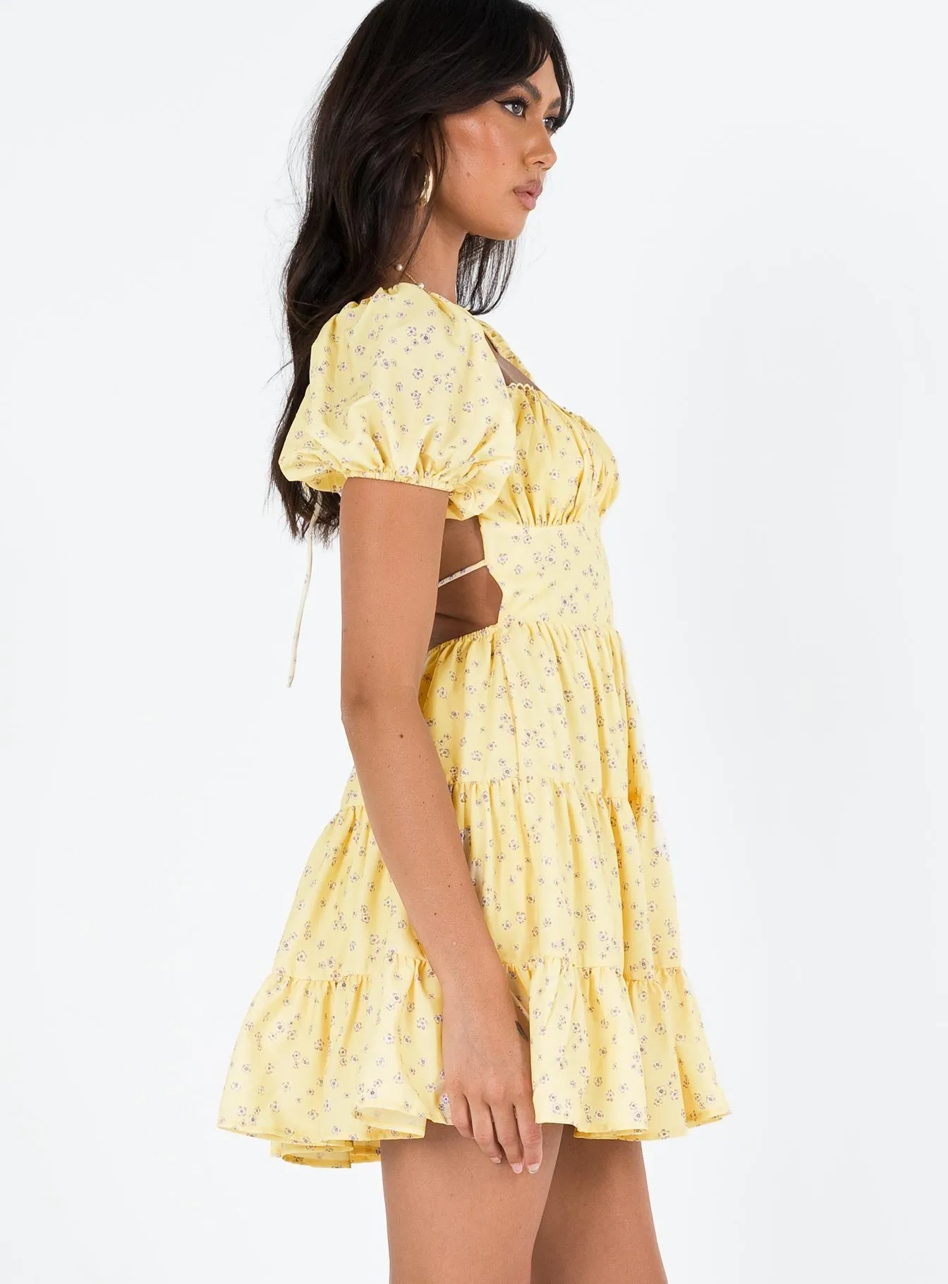 Danny Mini Dress Yellow Floral Overlapping Panel Design