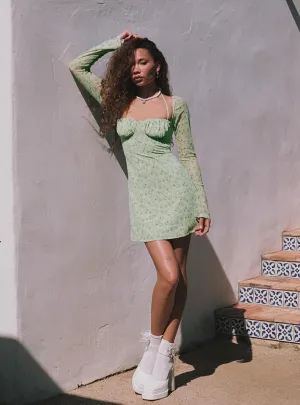 High Beat Cozy Fashion Wear Dyer Sheer Sleeve Mini Dress Green Floral