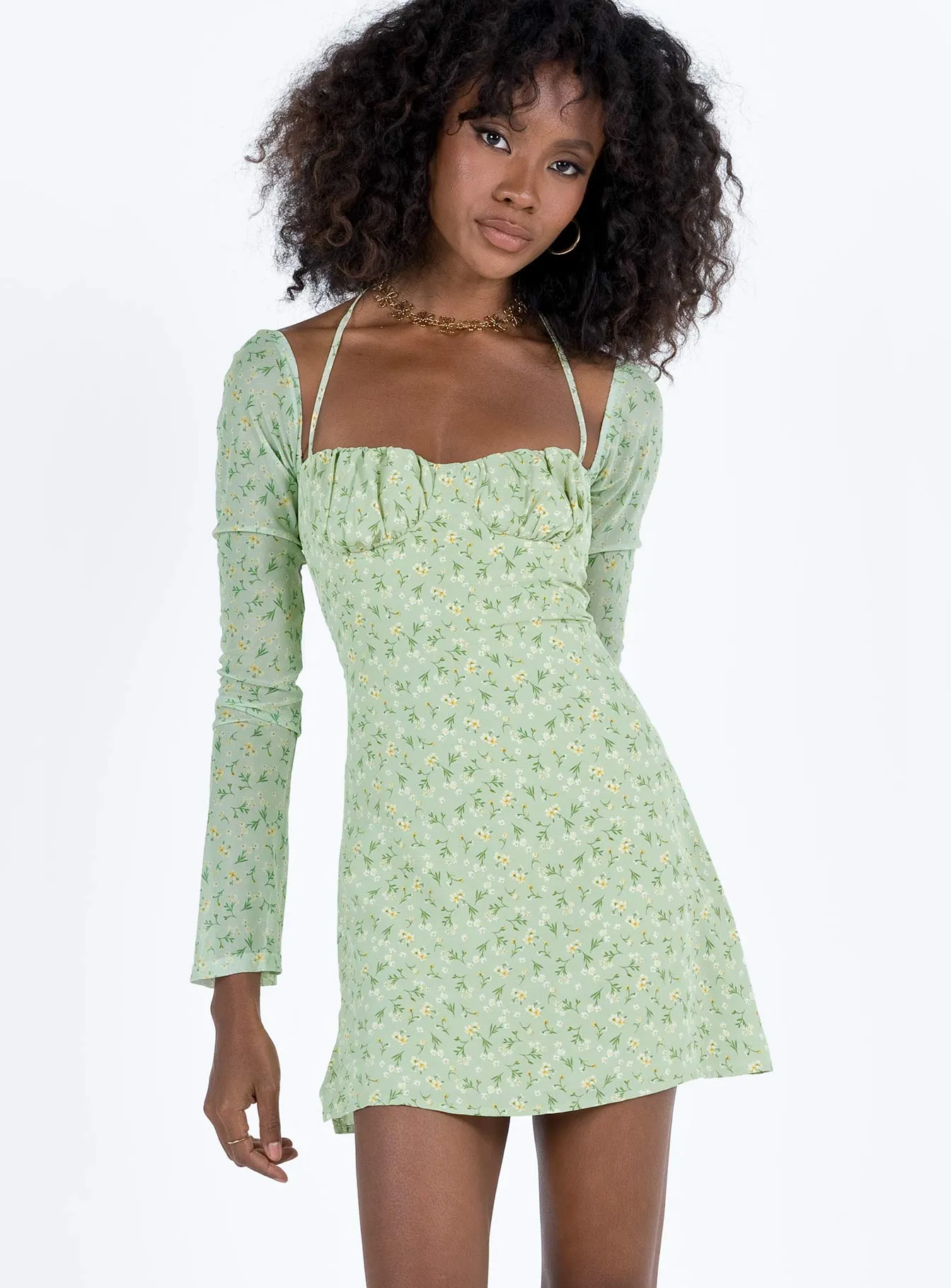 Dyer Sheer Sleeve Mini Dress Green Floral Light Reflective