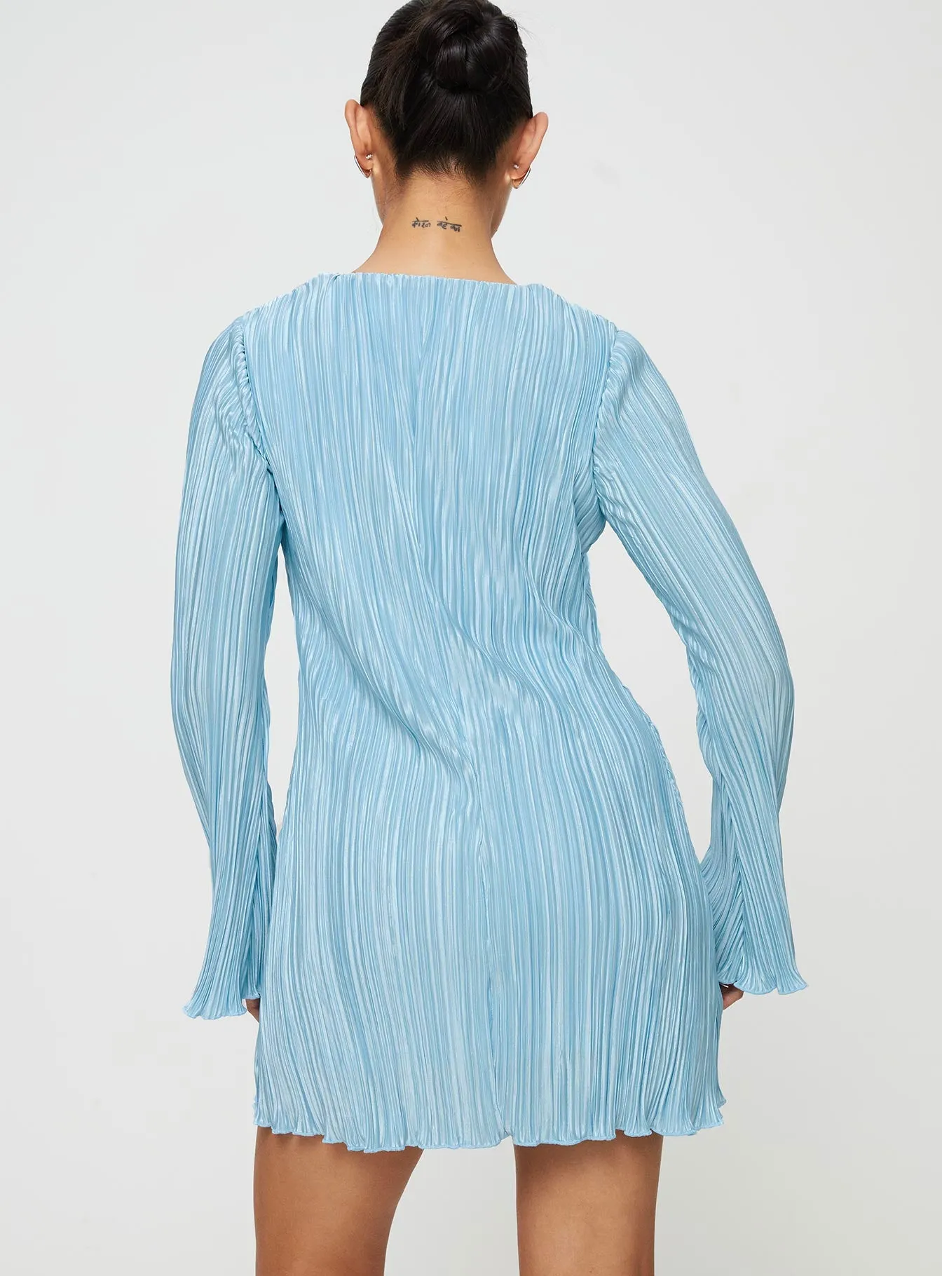 Tear Resistant High Light Malop Long Sleeve Mini Dress Blue