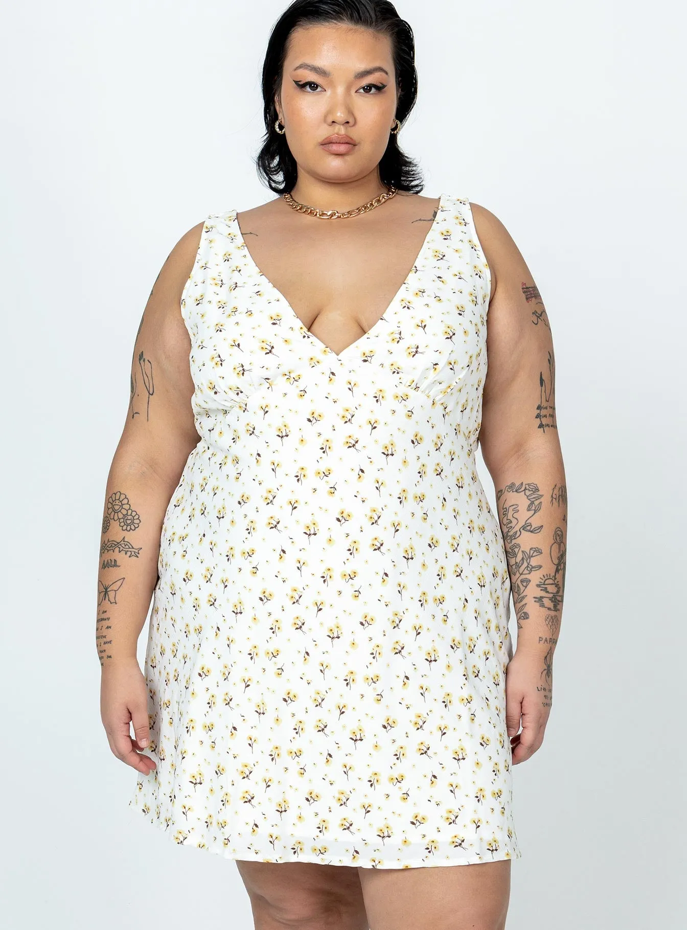Party Soft Nellie Mini Dress White / Yellow Floral Curve