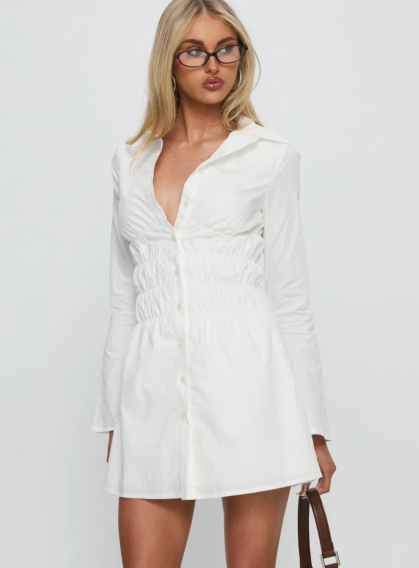 Stellaria Ruched Long Sleeve Mini Dress White Fun Look Play Edge