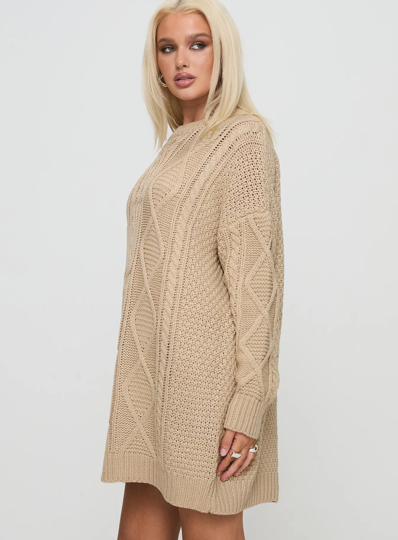UPF Sun Protection On Trend Style Stellon Knit Sweater Mini Dress Latte