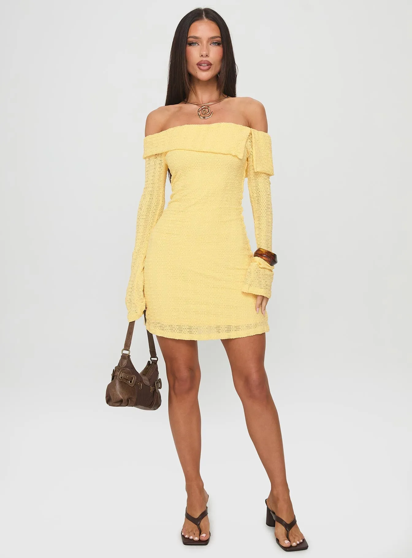 Soft fabric mini Adjustable drawstring Vierra Long Sleeve Mini Dress Lemon