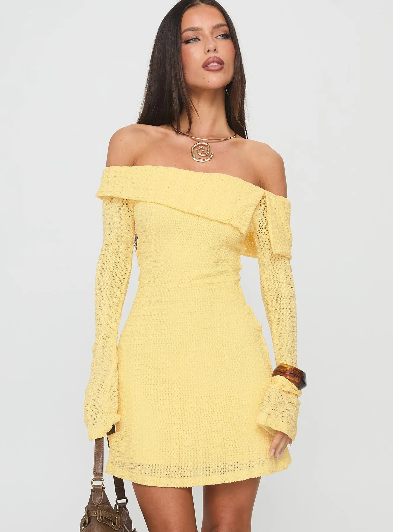 Simple Vibe Stage Warm Vierra Long Sleeve Mini Dress Lemon