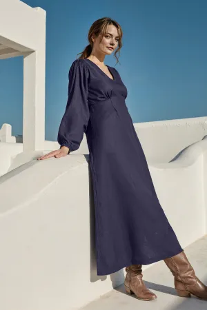 Farrah Long Sleeve Linen Dress in Navy Star Light