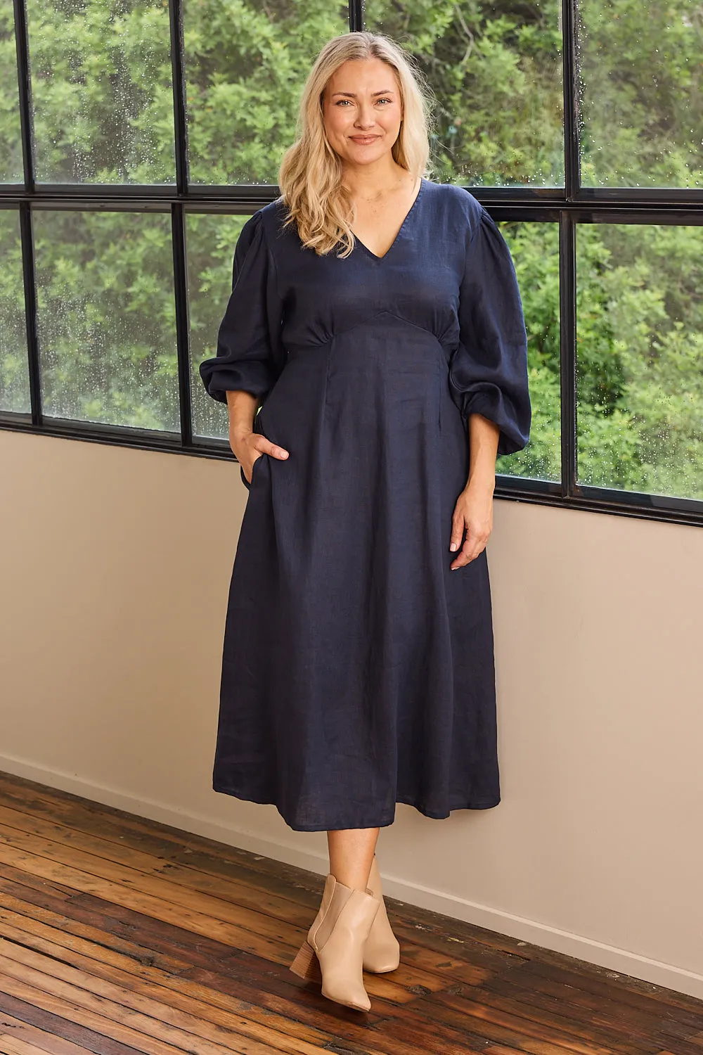 Farrah Long Sleeve Linen Dress in Navy Elegant Attire