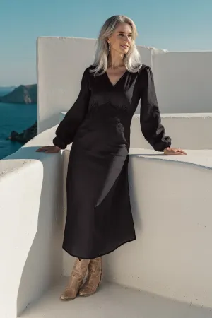 Retro Fan Farrah Long Sleeve Linen Dress in Black