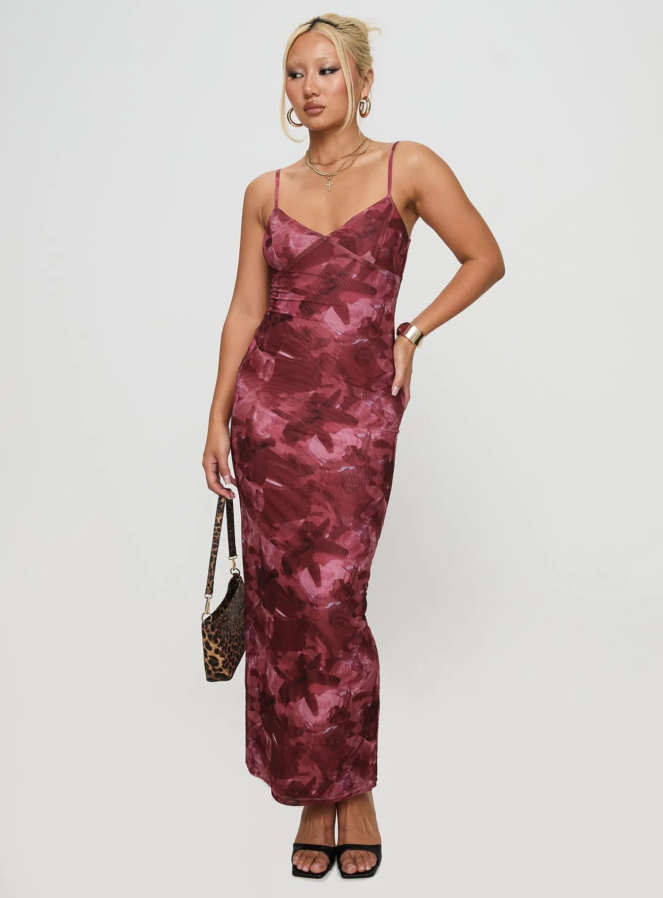 Ocean Blue Muslin Glow Hathaway Maxi Dress Burgundy Floral