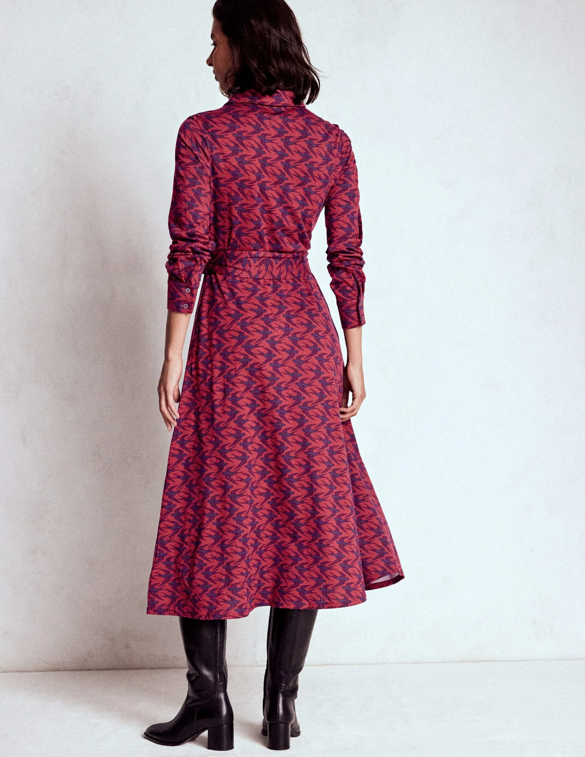 Office Wear Marcia Jersey Shirt Dress-Burgundy Red, Swooping Swallow