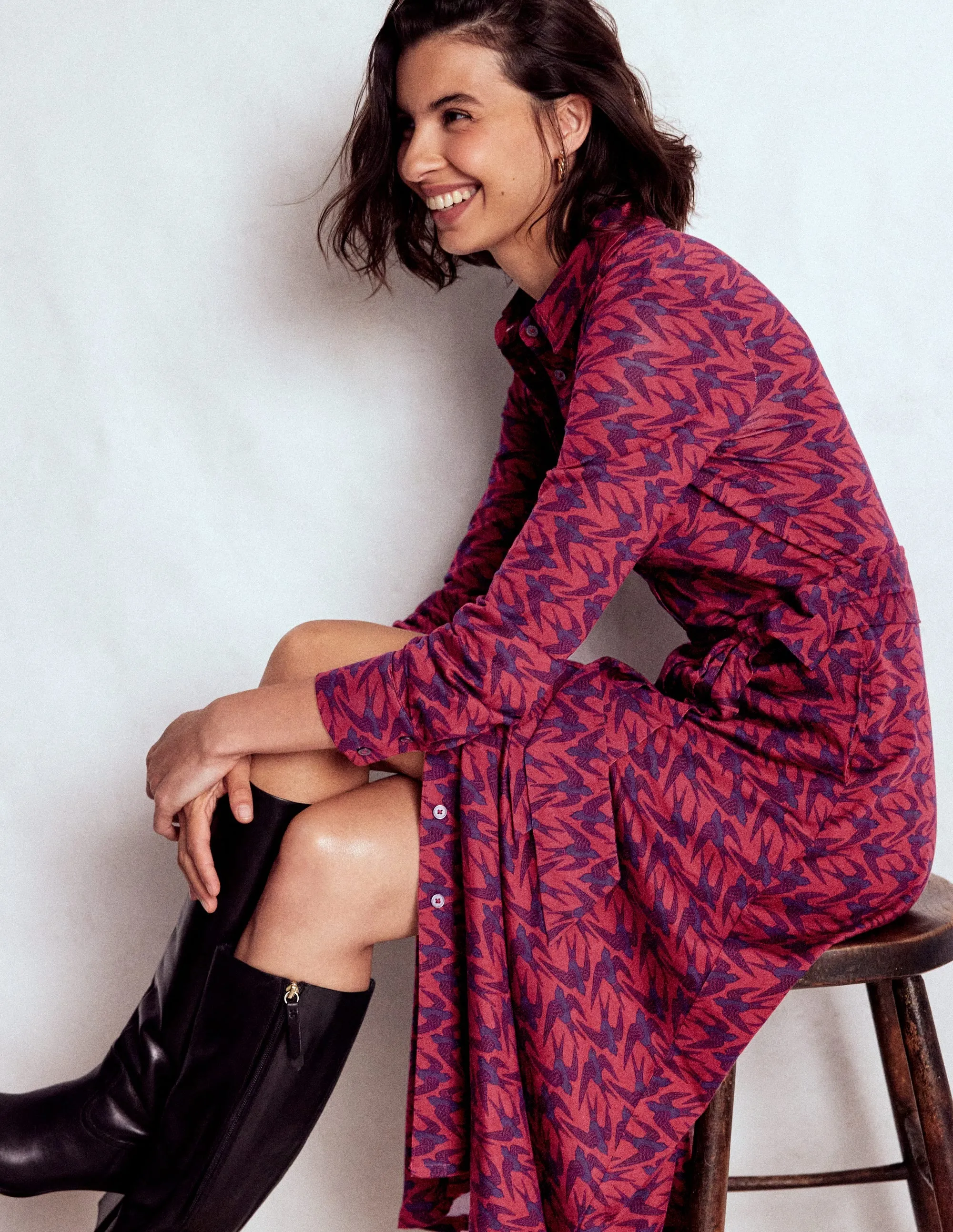 Timeless Fashion Marcia Jersey Shirt Dress-Burgundy Red, Swooping Swallow