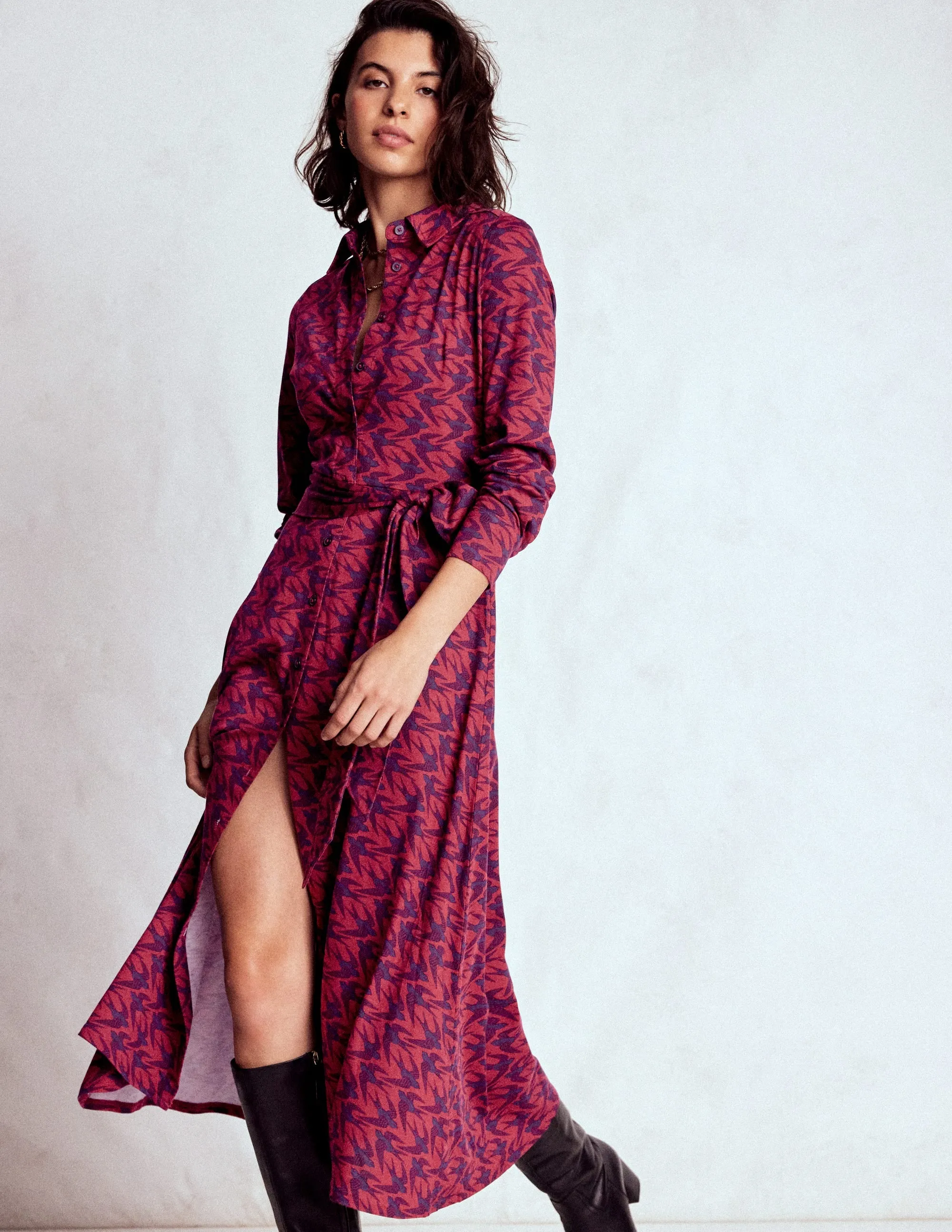 Marcia Jersey Shirt Dress-Burgundy Red, Swooping Swallow Elegant Mom