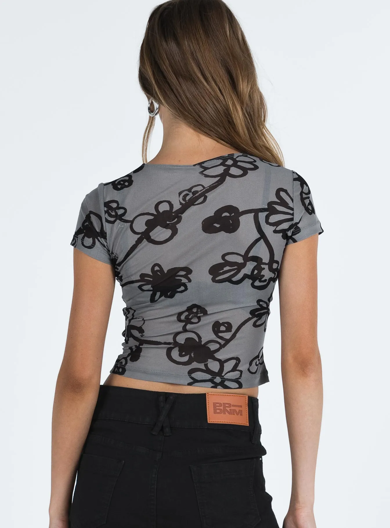 Tamara Top Mesh Grey Floral Floral Print Soft Touch