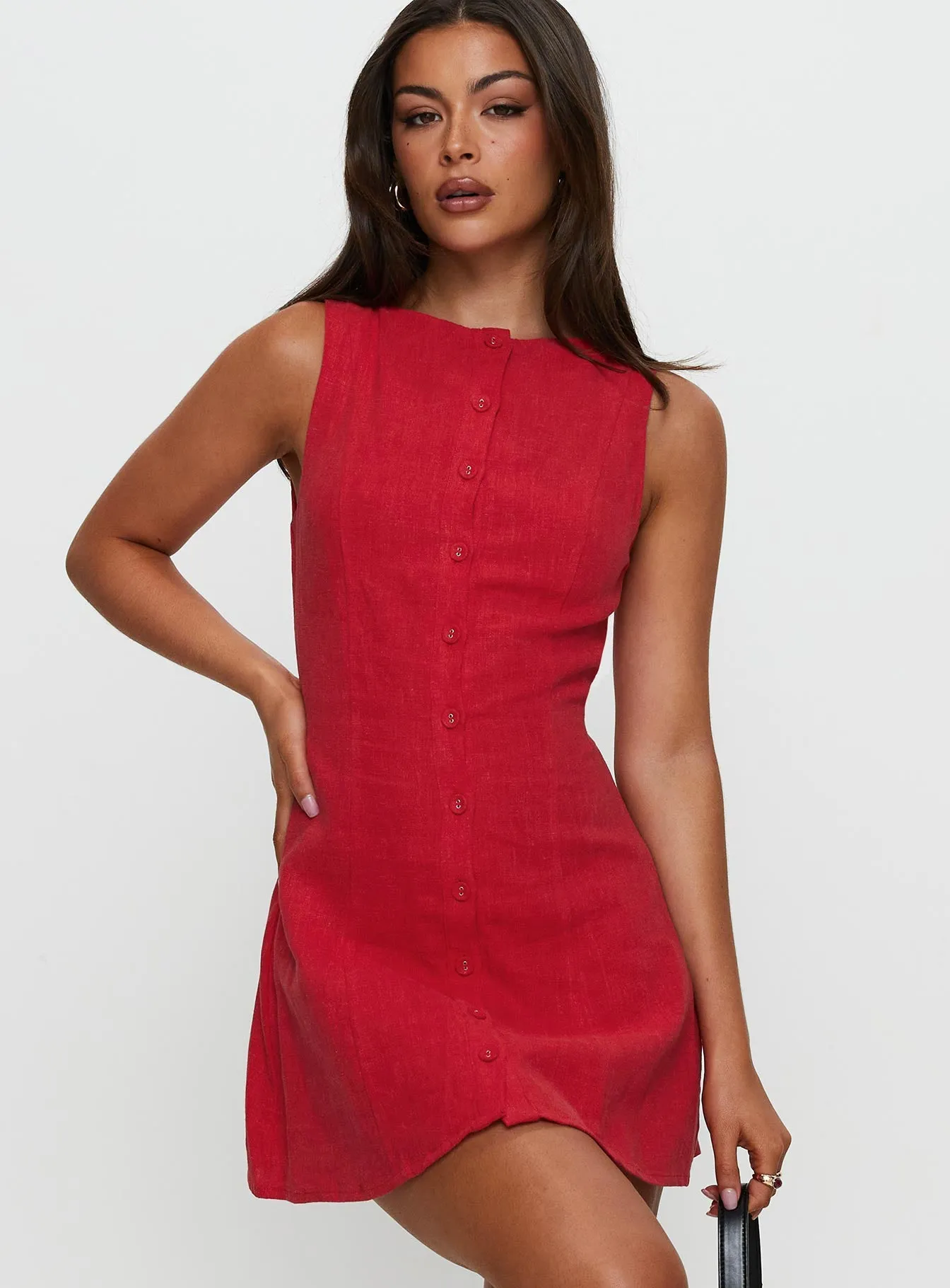 Glow Beat Simple chic mini Dollie Linen Mini Dress Red