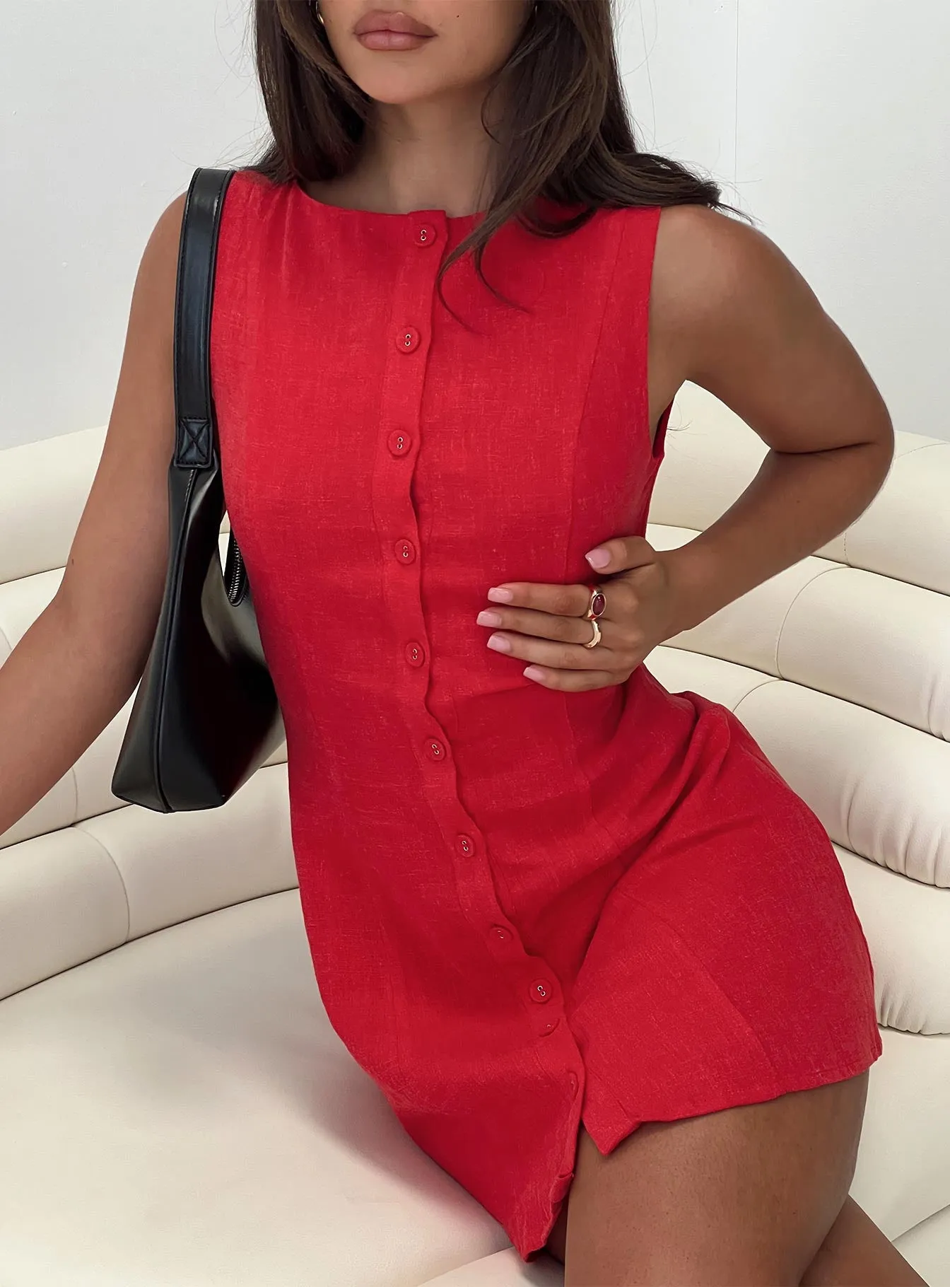 Dollie Linen Mini Dress Red Classic cute short dress