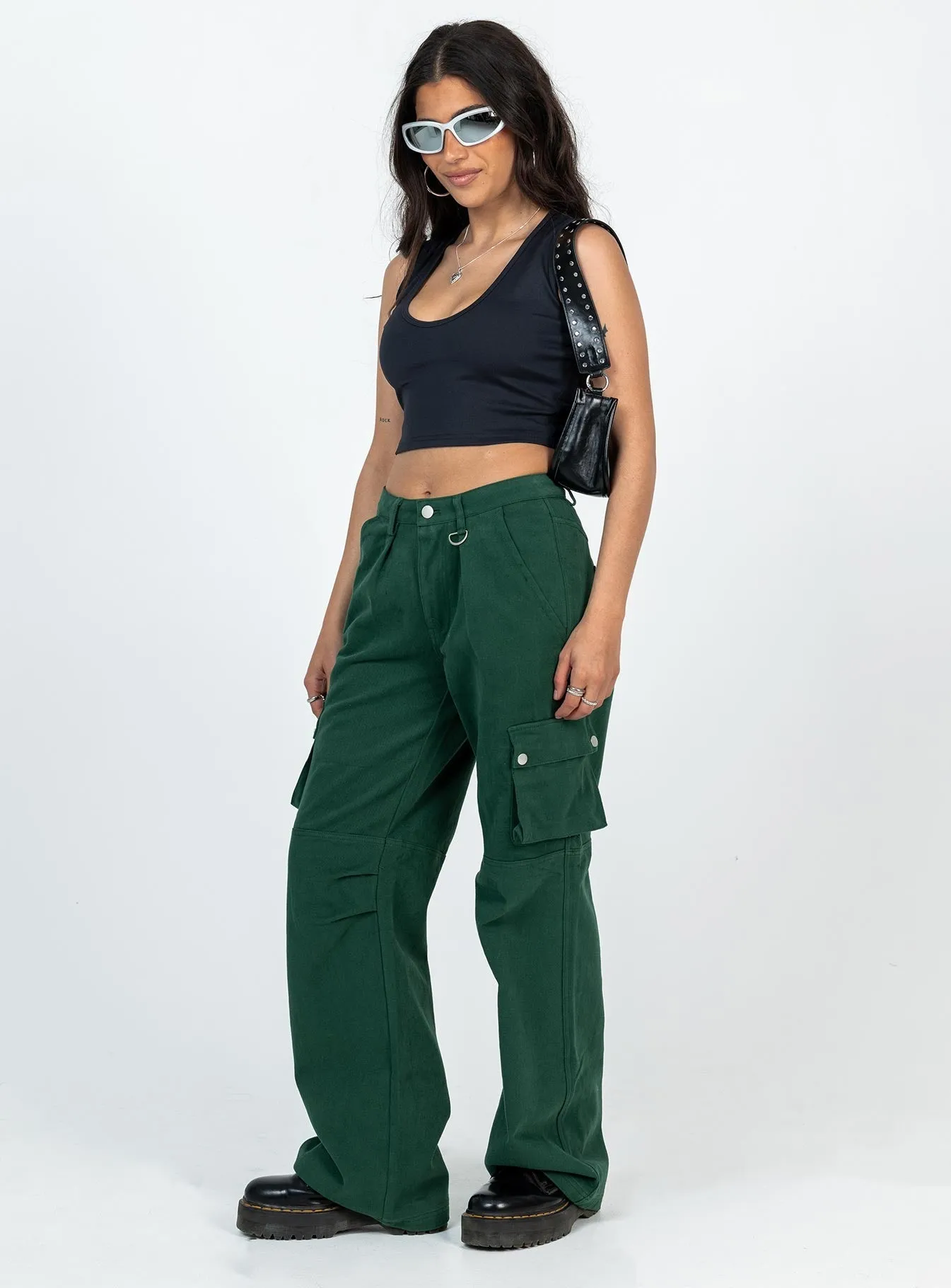 Clean Shape Paige Mid Rise Cargo Jean Denim Green Petite