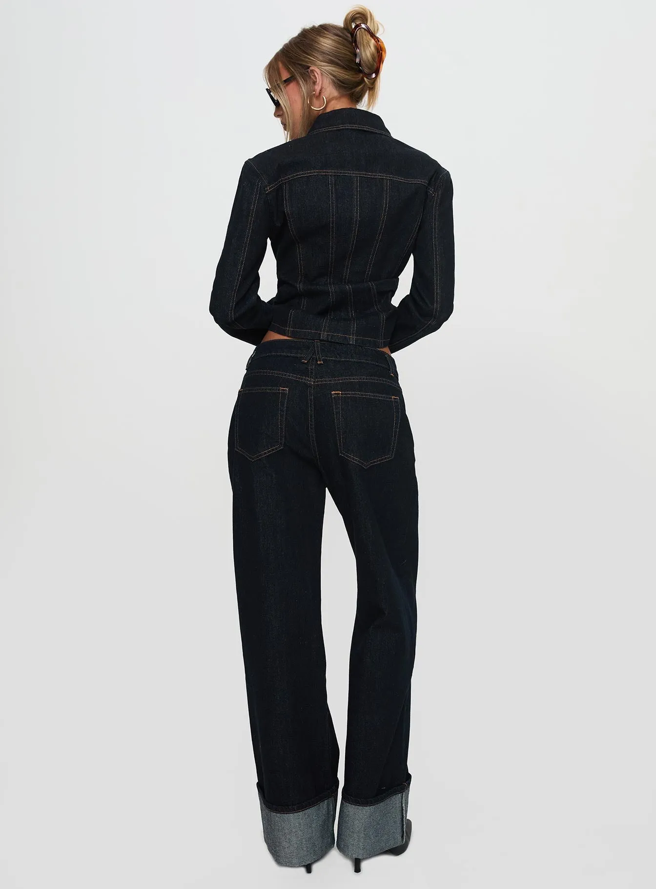 Premium Elegant Top Model Low Rise Straight Leg Cuffed Jean Dark Denim