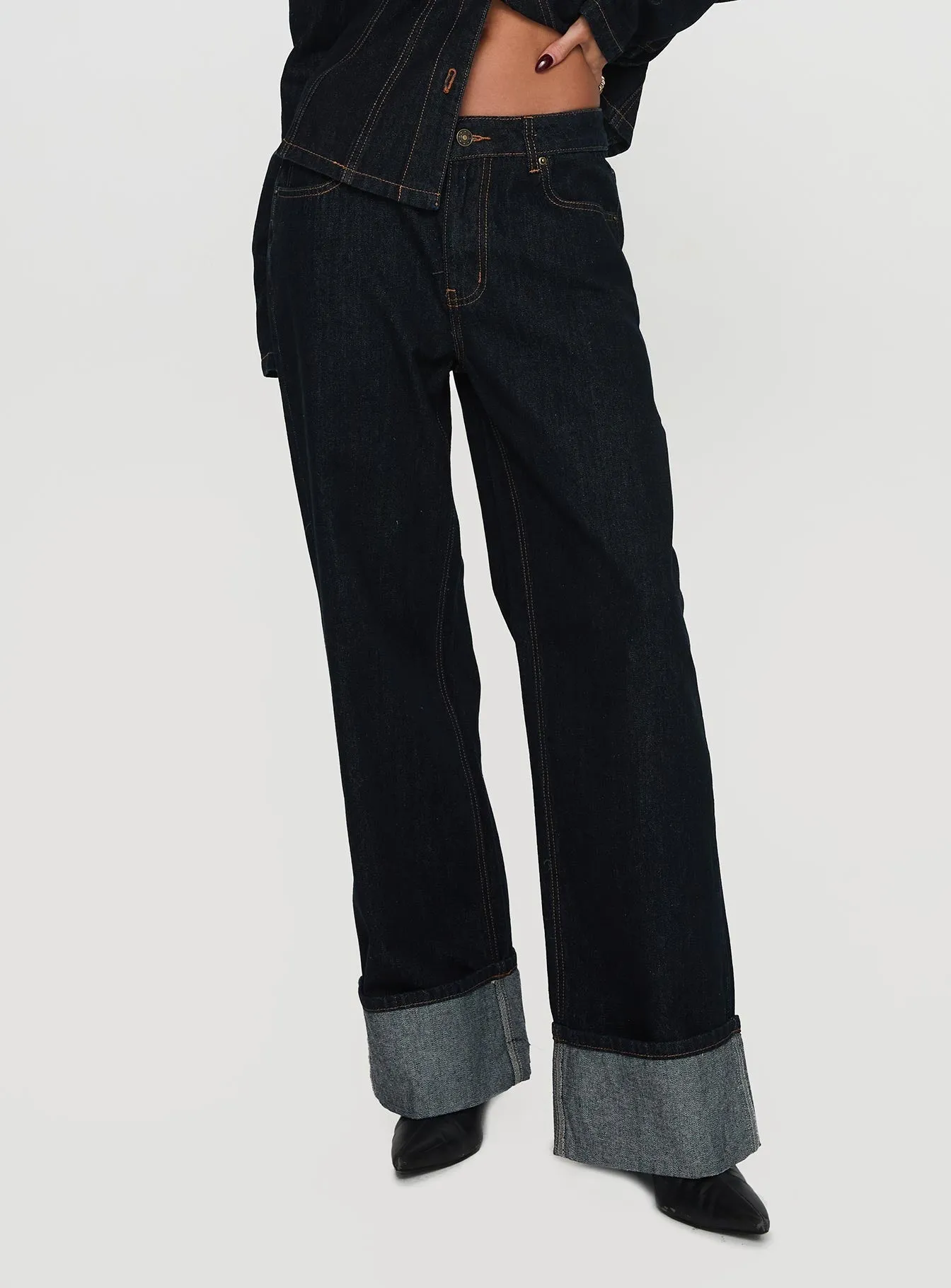 Smooth Loose Versatile Top Model Low Rise Straight Leg Cuffed Jean Dark Denim