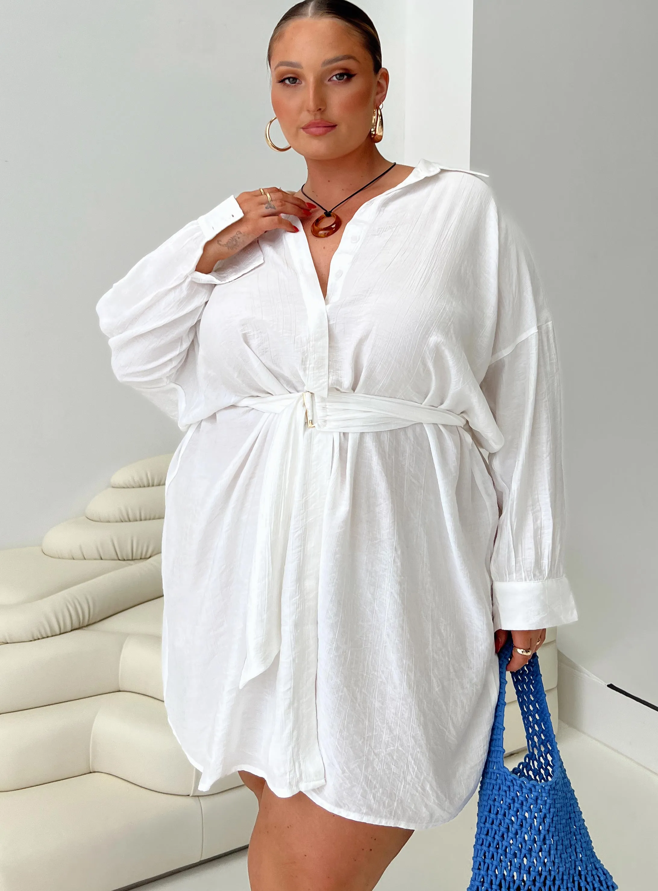 Cozy Fashion Wear Bilari Textured Fabric Shirt Dress White Curve
