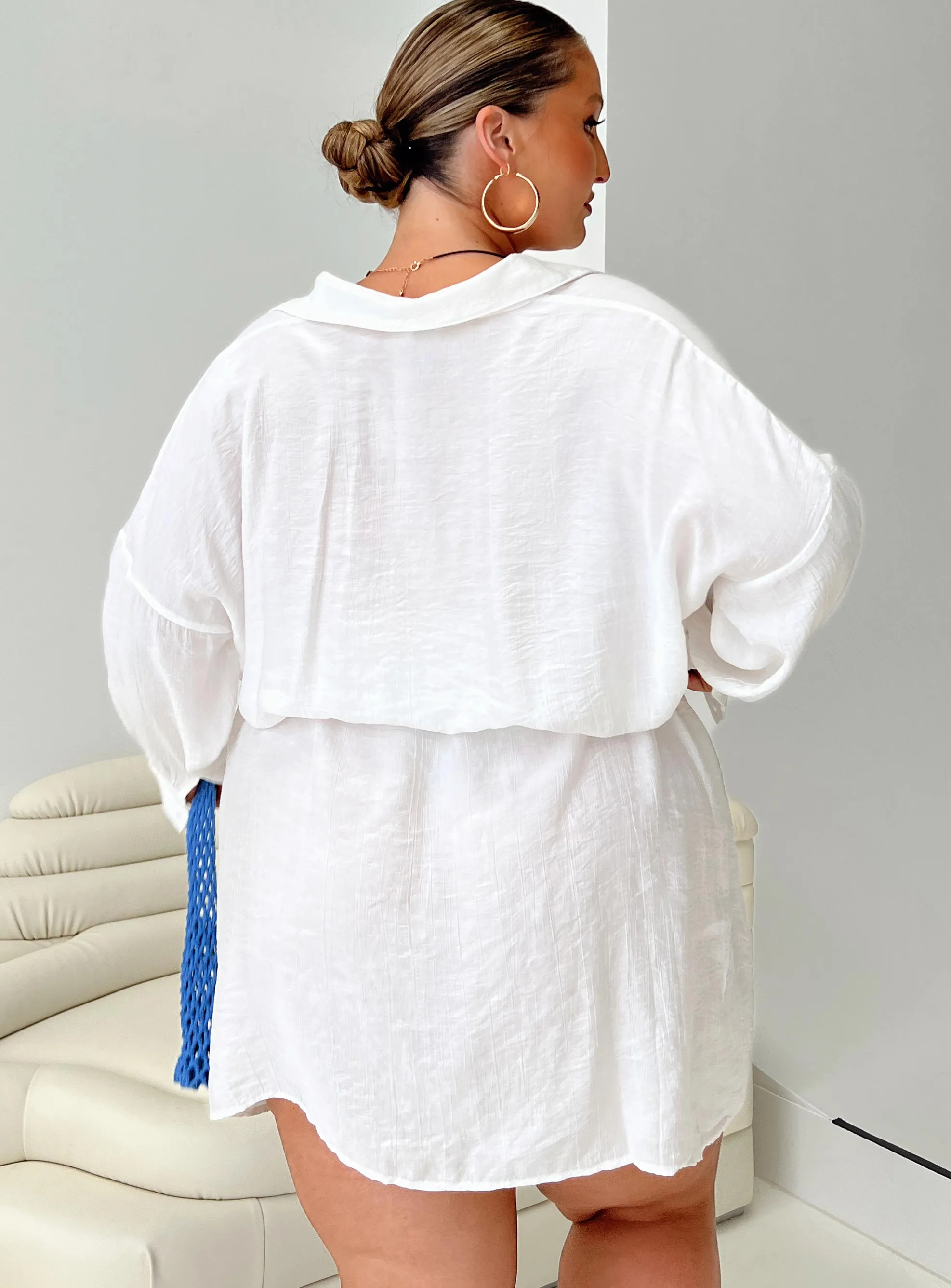Bilari Textured Fabric Shirt Dress White Curve Playful Look Urban Heat