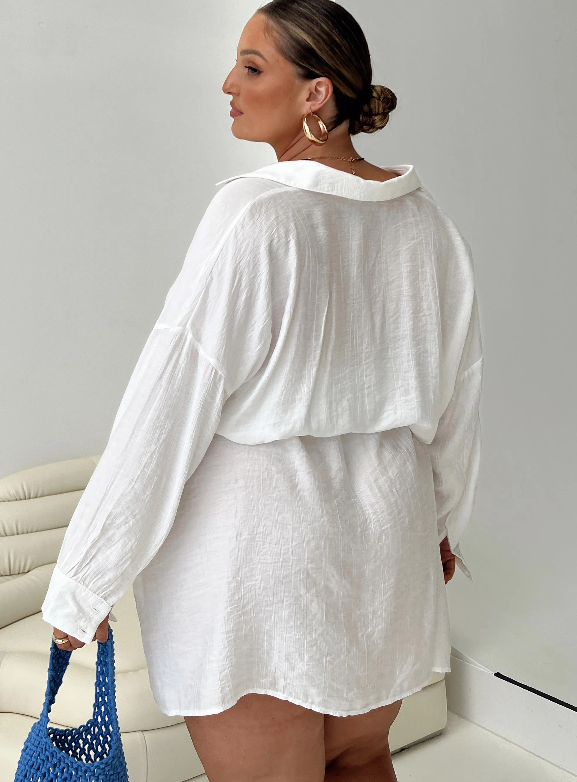 Runway Vibe Catch Eyes Bilari Textured Fabric Shirt Dress White Curve