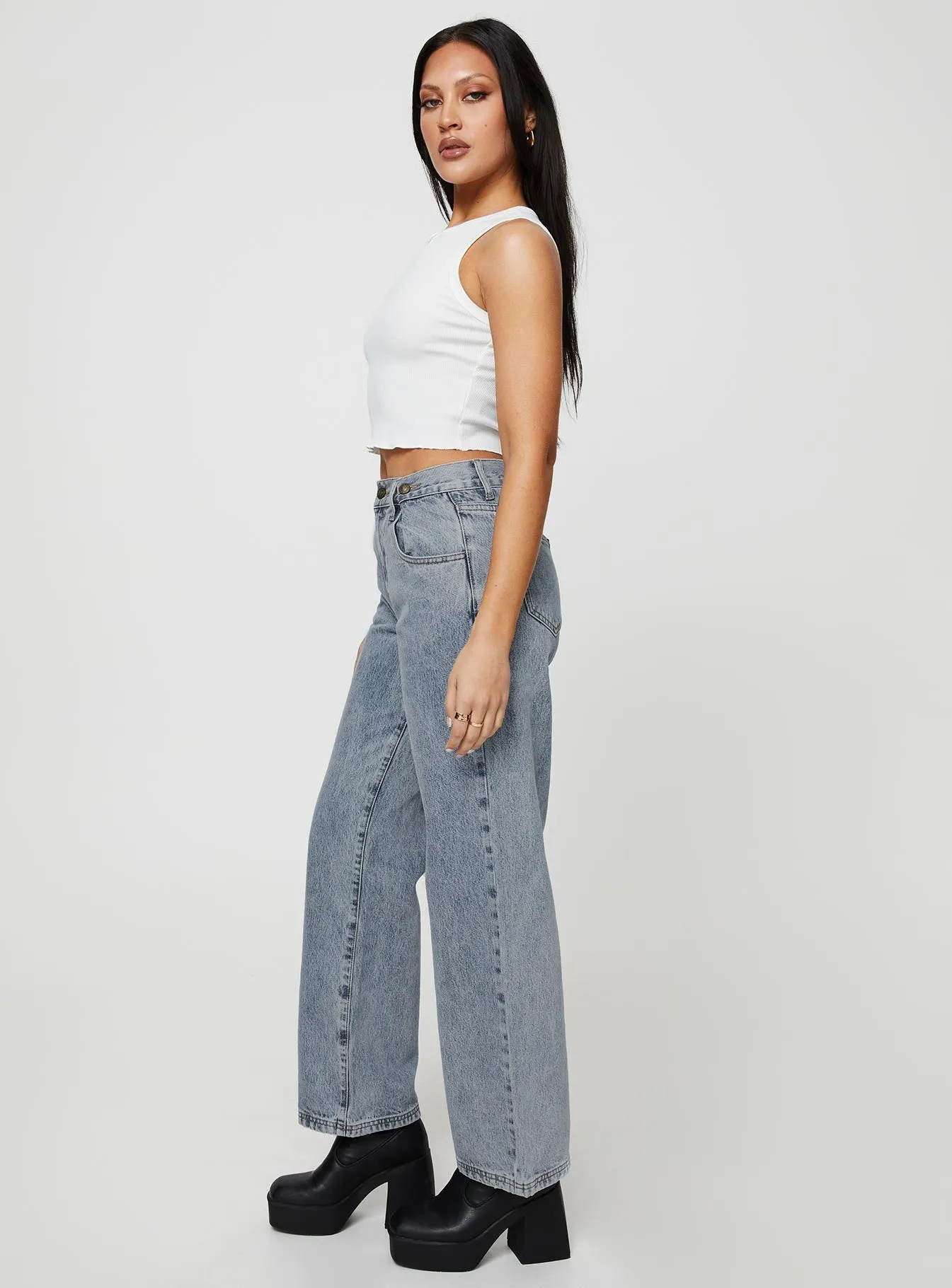 Streetwear Fan Earthy High Quality Casual Comfort Krena Adjustable High Mid Rise Jeans Mid Wash