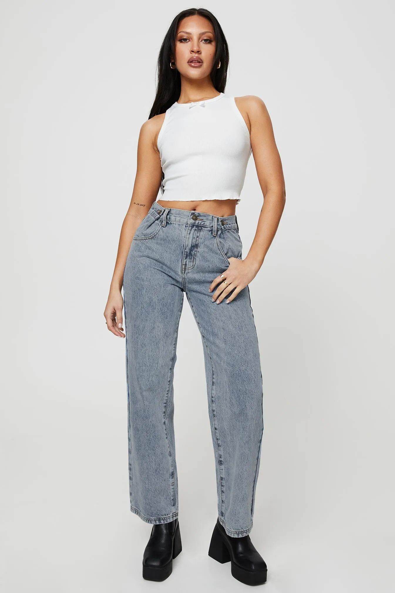 Krena Adjustable High Mid Rise Jeans Mid Wash Unisex Fashion