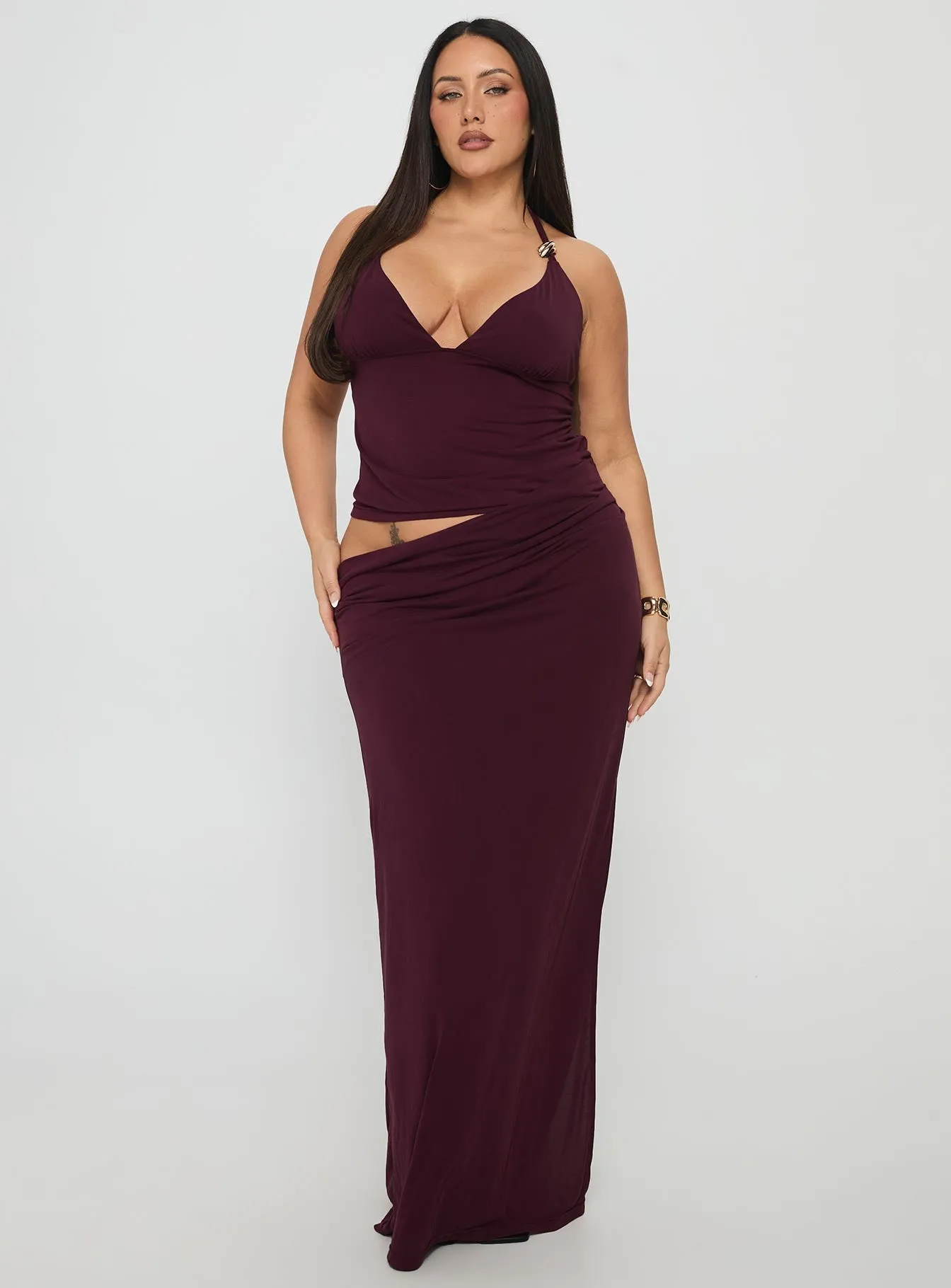 Imeraldia Hardware Halter Maxi Dress Currant Curve Net Soft